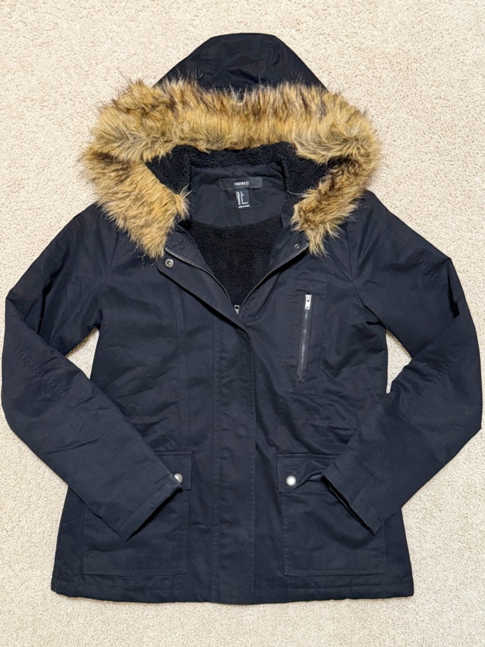 Forever 21 Black Hooded Parka with Faux Fur Trim